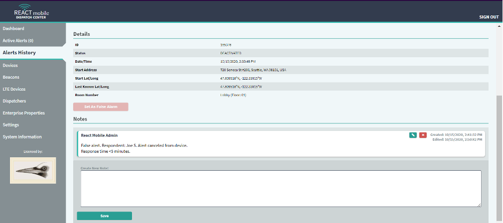 react mobile dispatch center alert notes example