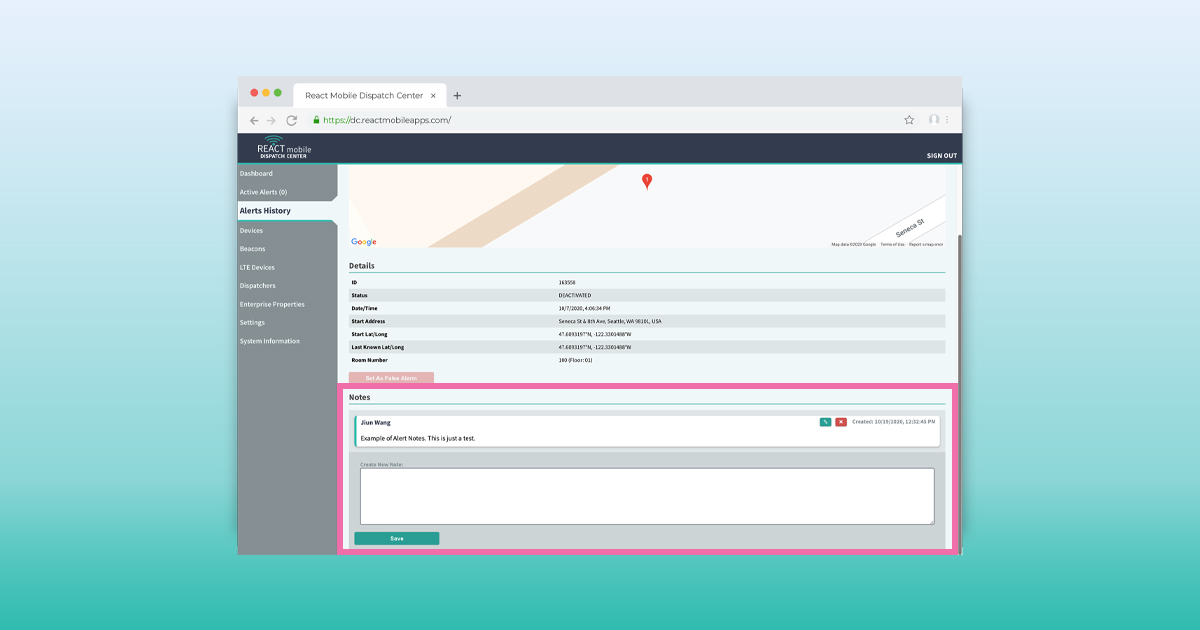 react mobile dispatch center alert notes feature