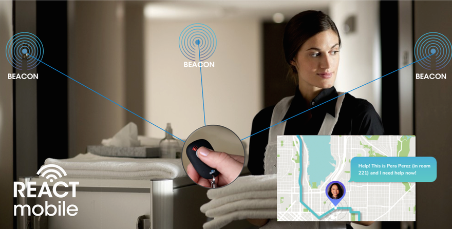 Hotel Housekeeper pressing a panic button with beacons. 